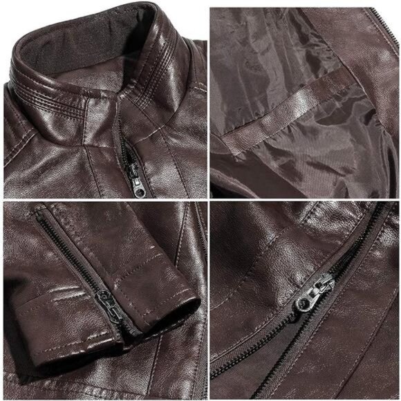 Brown Faux Leather Motorcycle Jacket Textured Stand Collar Bomber Coat Outerwear - Picture 6 of 7